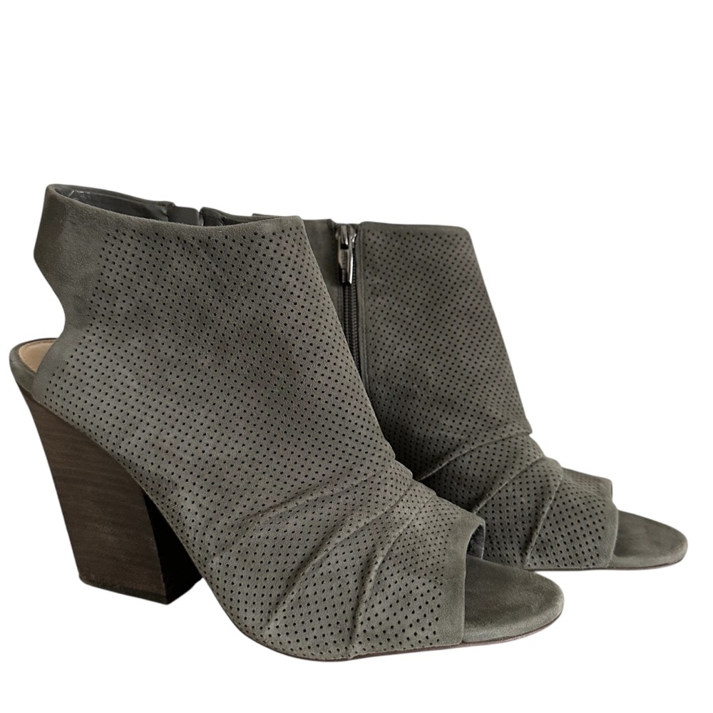 Vince Camuto Suede Stacked Heel Bootie with Open Toe Sling Back Side Zip…
